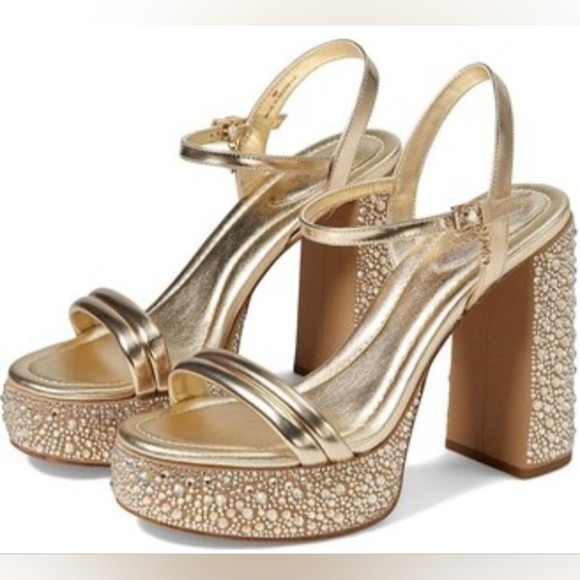 NEW Michael Kors Laci Gold crystal platform leather sandals Size 9.5 - Picture 1 of 16